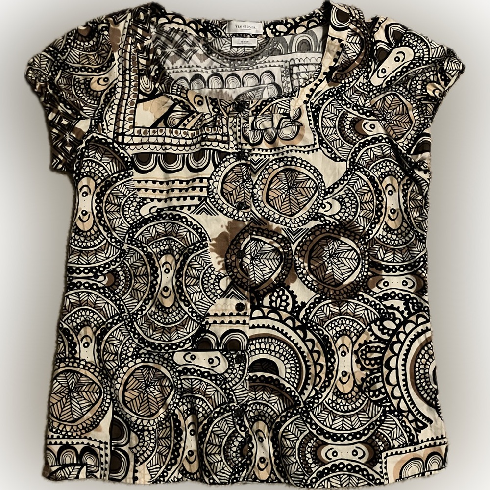 Van Heusen Black and Cream Patterned Short Sleeve Womens Top Size Medium